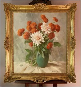 Wyjątkowy Obraz Olejny! Piękne Herbaciane Dalie w Wazonie - Oryg. Erich Krüger *1897r.