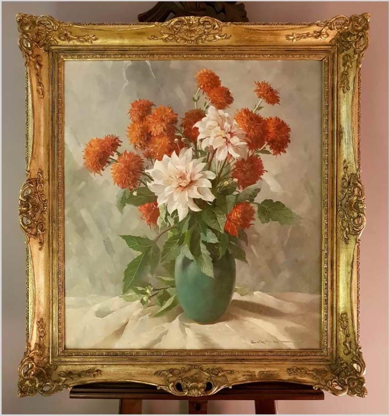 Wyjątkowy Obraz Olejny! Piękne Herbaciane Dalie w Wazonie - Oryg. Erich Krüger *1897r.