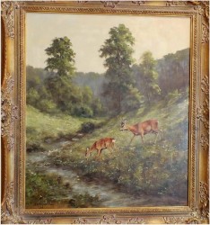 OBRAZ MYŚLIWSKI, SARNY U WODOPOJU - GEORG MAJEWICZ (1897 - 1965)