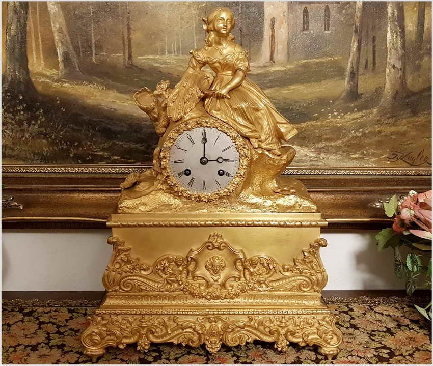 WYJĄTKOWY PAŁACOWY ZEGAR FIGURALNY, BRĄZ ZŁOCONY - EPOKA, KAROL X 1820r.