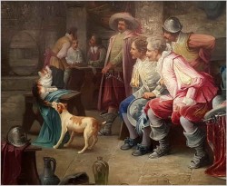 DUŻY MUZEALNY OBRAZ! MUSZKIETERZY W KARCZMIE, ZABAWA PSA Z KOTEM - Max Albert CARLIER (1872-1938)