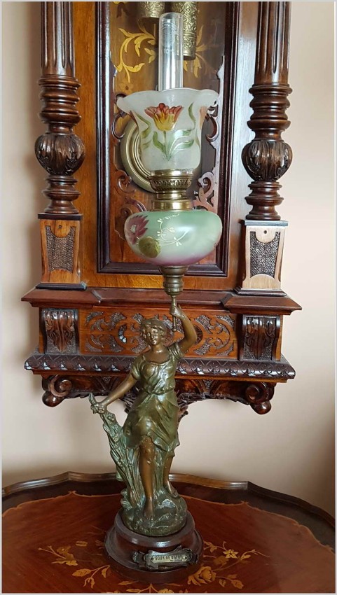 UWAGA PIĘKNOŚĆ! STARA FIGURALNA LAMPA NAFTOWA XIXw. (ORYGINALNE SZKŁA)