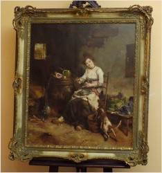 GOSPOSIA Z PSEM W SPIŻARNI, OBRAZ OLEJNY - DICKMEIS GERHARD (Heinsberg 1918 – 1978 Jülich)