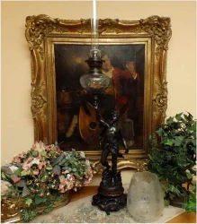SYGNOWANA LAMPA NAFTOWA Z FIGURĄ ORFEUSZA - Par Bruchon (XIXw.)
