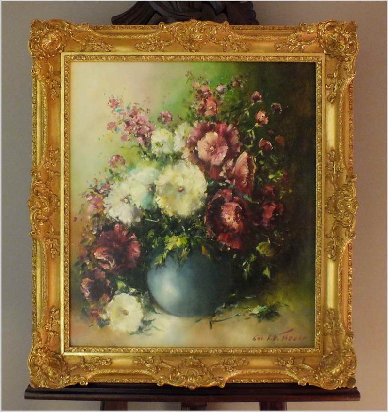 POLECAMY! PAŁACOWE MALARSTWO W BAROKOWEJ RAMIE, KWIATY W WAZONIE - FRIEDRICH KARL THAUER (1924-2009)