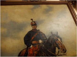 PIĘKNE MALARSTWO BATALISTYCZNE! PORTRET HUZARA NA KONIU - XIXw.