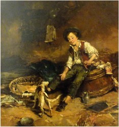 MALARSTWO AUKCYJNE! CHŁOPIEC BAWIĄCY SIĘ Z PSEM - DICKMEIS GERHARD (HEINSBERG 1918 – 1978 JÜLICH)