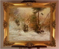 Rarytas Zimowy! Uciekające Dziki - W.v.Kamp (99cm X 89cm)