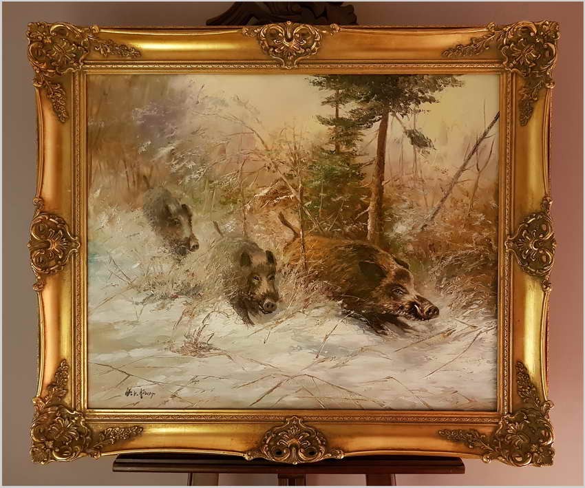 Rarytas Zimowy! Uciekające Dziki - W.v.Kamp (99cm X 89cm)