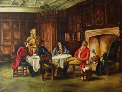 DUŻE MALARSTWO RODZAJOWE - ROZMOWA GENTELMANÓW PRZY LAMPCE WINA - SYG. SOMERS 1970 (124CMx104CM)