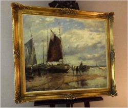 OBRAZ MARYNISTYCZNY! KUTRY PRZY BRZEGU, ROZŁADUNEK KRABÓW  - KARL MOHR (DÜSSELDORF 1922-2013)