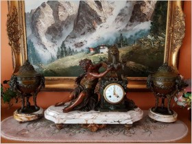 Polecamy! Duży medalowy zegar figuralny z wazami "La Fontaine aux Mesanges" ( par F. Moreau) XIXw.