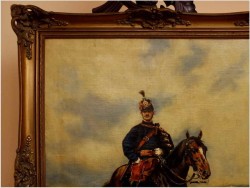 PIĘKNE MALARSTWO BATALISTYCZNE! PORTRET HUZARA NA KONIU - XIXw.