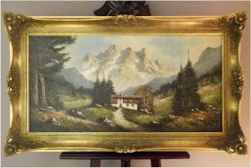 OKAZJA! PIĘKNA PANORAMA ALPEJSKA 100cmx50cm, TECHNIKA SZPACHLOWA - Heinz SCHOLZ (*1925)
