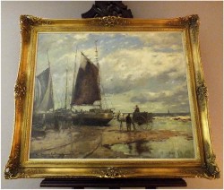 OBRAZ MARYNISTYCZNY! KUTRY PRZY BRZEGU, ROZŁADUNEK KRABÓW  - KARL MOHR (DÜSSELDORF 1922-2013)