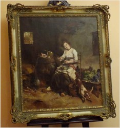 GOSPOSIA Z PSEM W SPIŻARNI, OBRAZ OLEJNY - DICKMEIS GERHARD (Heinsberg 1918 – 1978 Jülich)