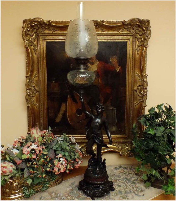 SYGNOWANA LAMPA NAFTOWA Z FIGURĄ ORFEUSZA - Par Bruchon (XIXw.)