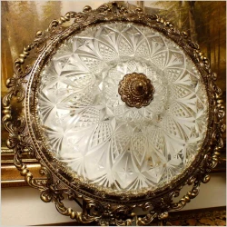 POLECAMY! WYJĄTKOWY PAŁACOWY DUŻY  MOSIĘŻNY PLAFON Z KRYSZTAŁOWYM SZKŁEM NA TRZY ŻARÓWKI 50 CM