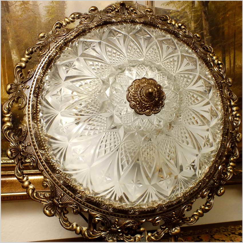 POLECAMY! WYJĄTKOWY PAŁACOWY DUŻY  MOSIĘŻNY PLAFON Z KRYSZTAŁOWYM SZKŁEM NA TRZY ŻARÓWKI 50 CM