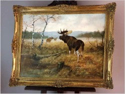 Rarytas kolekcjonerski! Łoś na leśnych mokradłach - oryg. Georg Majewicz (1897-1965)