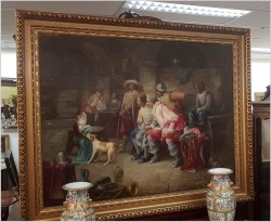 DUŻY MUZEALNY OBRAZ! MUSZKIETERZY W KARCZMIE, ZABAWA PSA Z KOTEM - Max Albert CARLIER (1872-1938)