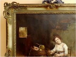 GOSPOSIA Z PSEM W SPIŻARNI, OBRAZ OLEJNY - DICKMEIS GERHARD (Heinsberg 1918 – 1978 Jülich)