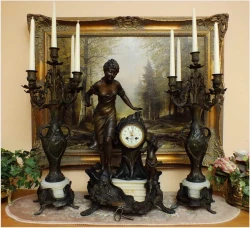 POLECAMY! PAŁACOWY ORYGINALNY ZEGAR Z KANDELABRAMI ART NOUVEAU 1900r.