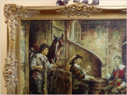 POLECAMY! SCENA W STAJNI, GRA W KARTY - Prof. Willi DEPRÉ (1922-1995r.) PIECZĘĆ LAKOWA + CERTYFIKAT!