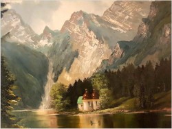 Widok na Kościół Św. Bartłomieja,  Jezioro Königssee - Niemcy XXw