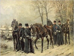 Batalistyka! Piękny zimowy obraz z wojskiem - Lucien pierre Sergent (1849-1904)