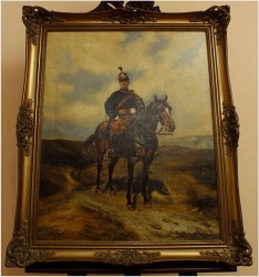 PIĘKNE MALARSTWO BATALISTYCZNE! PORTRET HUZARA NA KONIU - XIXw.