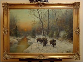 POLECAMY! ZIMOWY PEJZAŻ Z DZIKAMI - L.KLEIN (118cm x 88cm)