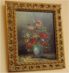 PIĘKNY BUKIET KWIATÓW W AŻUROWEJ RAMIE - sygn. Renier (XXw.)