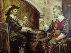 POLECAMY! SCENA W STAJNI, GRA W KARTY - Prof. Willi DEPRÉ (1922-1995r.) PIECZĘĆ LAKOWA + CERTYFIKAT!