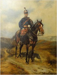 PIĘKNE MALARSTWO BATALISTYCZNE! PORTRET HUZARA NA KONIU - XIXw.