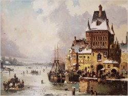 WYJĄTKOWY OBRAZ! WIDOK NA ZIMOWE NABRZEŻE HOLENDERSKIE - L.VAN HOVE, KARL KAUFMANN (1843–1905)