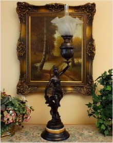 DUŻA SYGNOWANA FIGURALNA LAMPA NAFTOWA LES BLES - Par Belin (XIXw.)