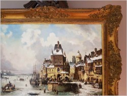 WYJĄTKOWY OBRAZ! WIDOK NA ZIMOWE NABRZEŻE HOLENDERSKIE - L.VAN HOVE, KARL KAUFMANN (1843–1905)