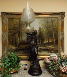STARA DUŻA LAMPA NAFTOWA - AUGUSTE MOREAU  XIXw. / 86 CM.