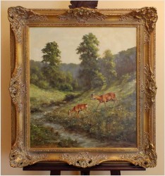 OBRAZ MYŚLIWSKI, SARNY U WODOPOJU - GEORG MAJEWICZ (1897 - 1965)