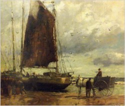 OBRAZ MARYNISTYCZNY! KUTRY PRZY BRZEGU, ROZŁADUNEK KRABÓW  - KARL MOHR (DÜSSELDORF 1922-2013)