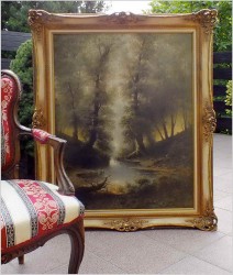 WYJĄTKOWY! LEŚNY SIELANKOWY KRAJOBRAZ, GIFFINGER RUDOLF - WIEDEŃ XIXw. (UWAGA! DUŻY ROZMIAR XXL)