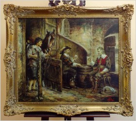 POLECAMY! SCENA W STAJNI, GRA W KARTY - Prof. Willi DEPRÉ (1922-1995r.) PIECZĘĆ LAKOWA + CERTYFIKAT!