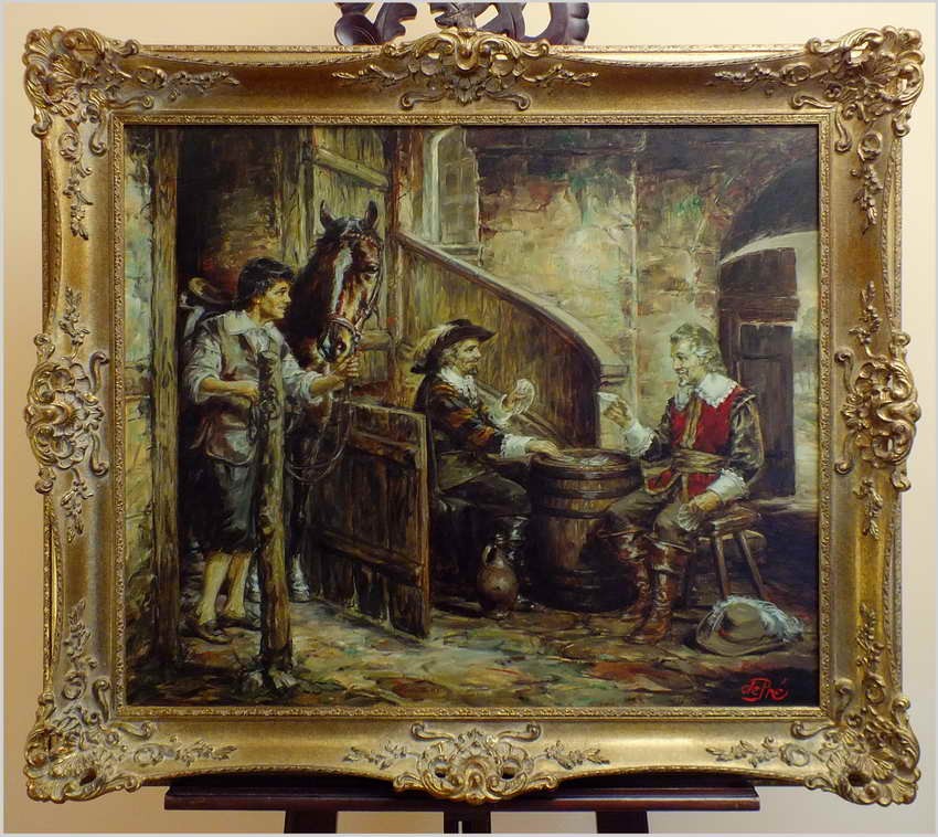 POLECAMY! SCENA W STAJNI, GRA W KARTY - Prof. Willi DEPRÉ (1922-1995r.) PIECZĘĆ LAKOWA + CERTYFIKAT!