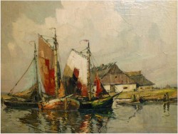 ŁODZIE PRZY BRZEGU - Rudolf PRIEBE (Kiew 1889-1964 Hamburg)