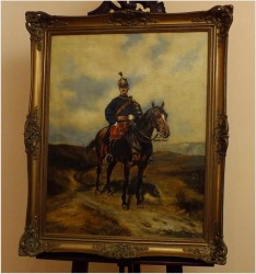 PIĘKNE MALARSTWO BATALISTYCZNE! PORTRET HUZARA NA KONIU - XIXw.
