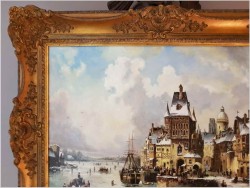 WYJĄTKOWY OBRAZ! WIDOK NA ZIMOWE NABRZEŻE HOLENDERSKIE - L.VAN HOVE, KARL KAUFMANN (1843–1905)