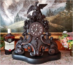 Stary Zegar z Motywem Myśliwskim Rzeźbiony w Drewnie 50cm - Francja XIXw.