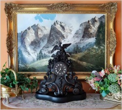 Stary Zegar z Motywem Myśliwskim Rzeźbiony w Drewnie 50cm - Francja XIXw.