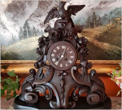 Stary Zegar z Motywem Myśliwskim Rzeźbiony w Drewnie 50cm - Francja XIXw.